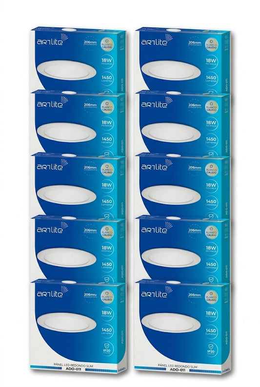 ADO-011 10 PIEZAS DE PÁNEL LED REDONDO SLIM 18W EMPOTRABLE BLANCO CÁLIDO