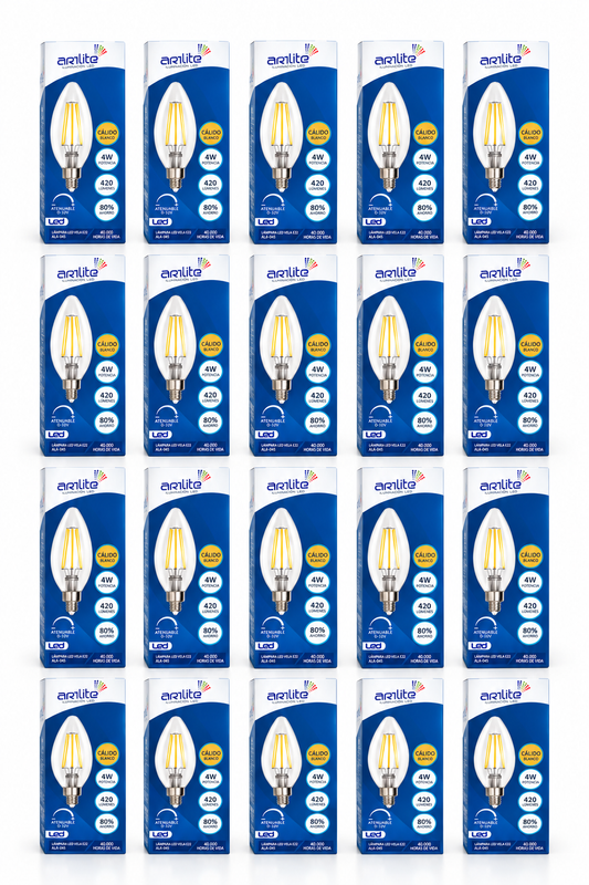 ALA-005 20 PZAS DE LÁMPARA VELA B35 FILAMENTO 4W BLANCO CÁLIDO BASE E12