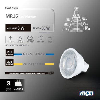 LED Dicroico MR16 / 3 W (Lúz Cálida) - LumyventJC