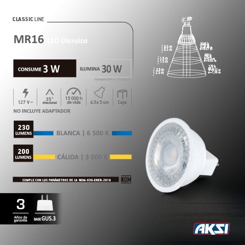 LED Dicroico MR16 / 3 W (Lúz Cálida) - LumyventJC