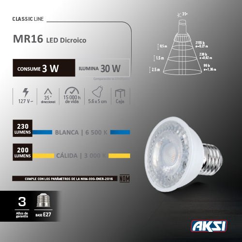 LED Dicroico MR16 / 3 W (Luz Cálida) - LumyventJC
