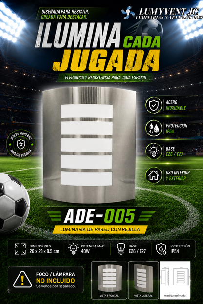 ADE-005 – LUMINARIA PARED PANTALLA ACERO INOXIDABLE REJILLA OPALINA EXTERIOR BASE E26/E27 - LumyventJC