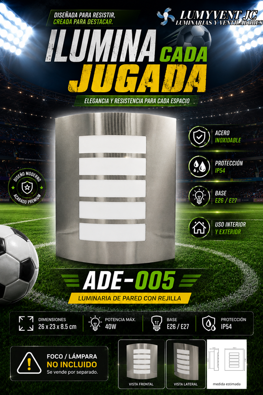 ADE-005 – LUMINARIA PARED PANTALLA ACERO INOXIDABLE REJILLA OPALINA EXTERIOR BASE E26/E27 - LumyventJC